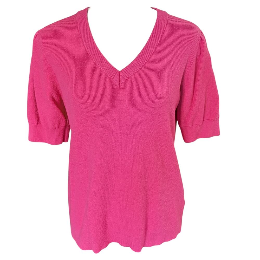 Womens Puff Short Sleeve Sweater in Pink Rose Red, V Neck, Large, Cotton Blend